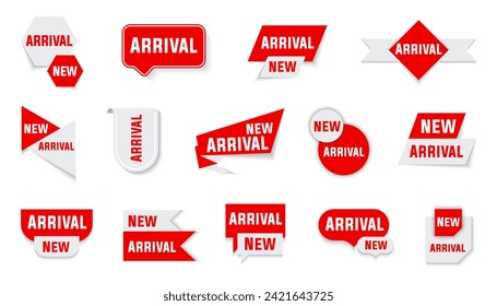 New arrival tag label collection in red. New arrival label, badge or banner element templates with shadow. Red and white banner new arrival