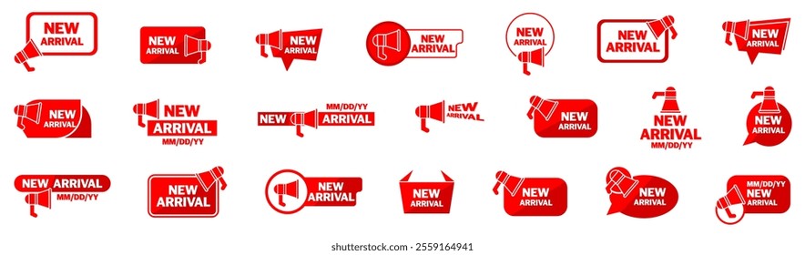 New arrival tag with megaphone icons. Set of red new arrival badges