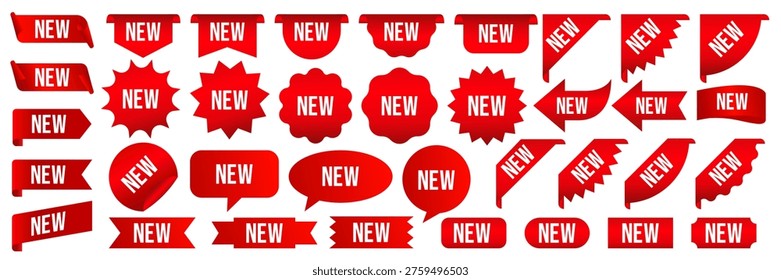 New arrival tag, sticker, logo, label, badge, symbol, sign, symbol, emblem, stamp, banner, flat vector. Price box, starburst, promotion, sale, sunburst, bonus, special offer, red ribbons, best choice.