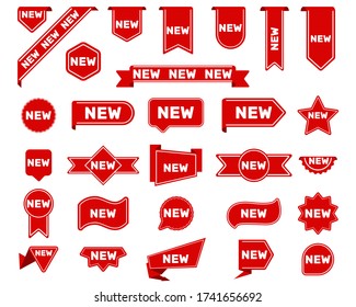 New arrival tags and stickers set. Bright red labels, badges and ribbons for products, best offer marks. Flat vector illustrations for sale banners, promotion posters design cards design