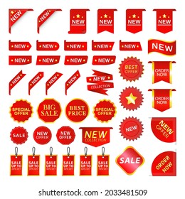 New arrival tags and stickers. New tag sticker labels collection in red. Discount labels and tags new offer tags.