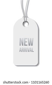New arrival text on white tag. Vector illustration.