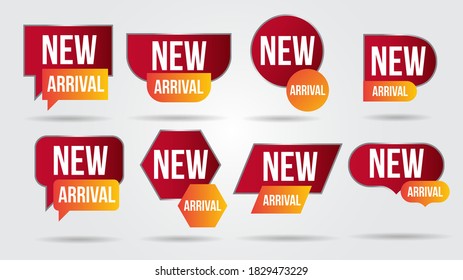 New arrival vector illustration collection labels shop products.Red promotion labels for arrivals shop section.Posters and banners sticker icons templates.