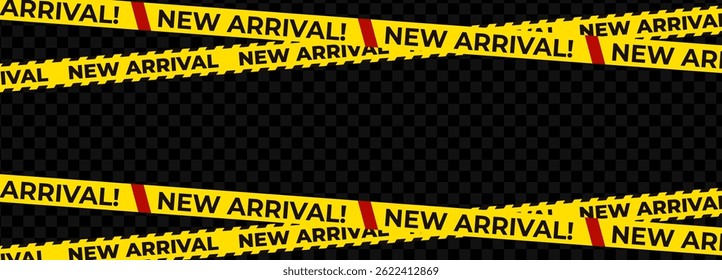 Nova fita de aviso de chegada com texto em negrito e acentos vermelhos. Várias faixas amarelas para promoções de vendas, alertas de marketing, sinalização de loja. Ilustração vetorial.