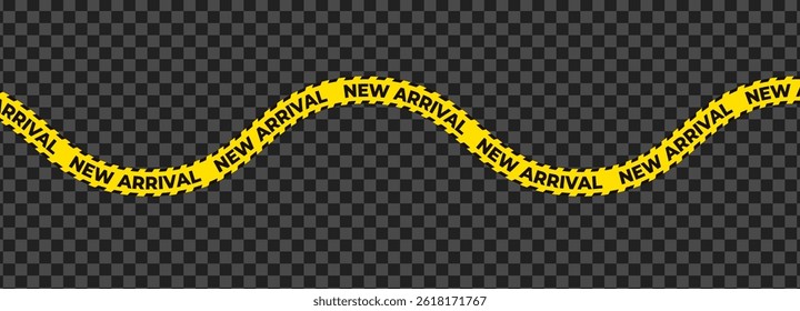 New arrival wavy tape with bold yellow black design on transparent background. Dynamic retail banner for sales, promotions, product launches. Vector illustration.