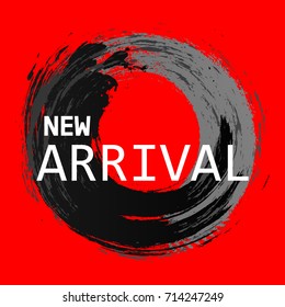 New arrival web banner template. Colorful neon paint brush stroke in circle shape with text for new product. Modern material design style of vector illustration for online store advertisement, banner.