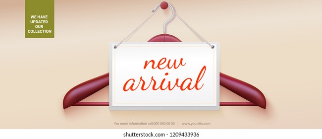 New arrival. Wide poster with hanger of clothes and tag. Message about the new delivery of the goods. Updated collection. Vector 3d illustration, eps10 file