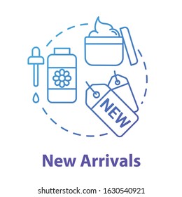 New arrivals, beauty products assortment concept icon. Commerce, cosmetics presentation, advertising campaign idea thin line illustration. Vector isolated outline RGB color drawing. Editable stroke