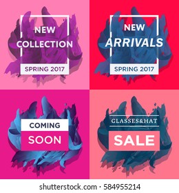 New arrivals concept for internet stores promo. New arrivals web banners. Material design trendy colors. 