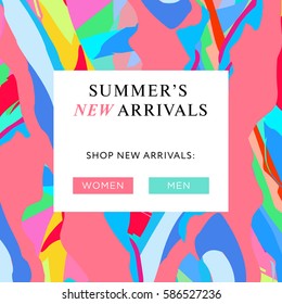 New arrivals concept for internet stores promo. New arrivals web banners. Material design trendy colors. 