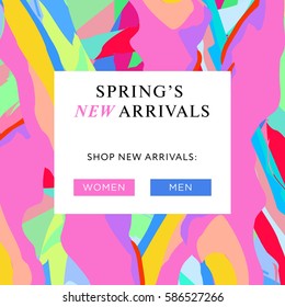 New arrivals concept for internet stores promo. New arrivals web banners. Material design trendy colors. 
