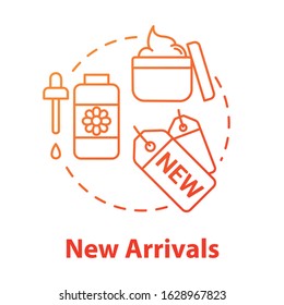 New arrivals, cosmetics presentation concept icon. Commerce, beauty products selling, advertising campaign idea thin line illustration. Vector isolated outline RGB color drawing. Editable stroke