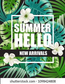 New arrivals, hello summer green poster design with blossoms and tropical leaves in background. Text in frame can be used for brochure, labels, banners.