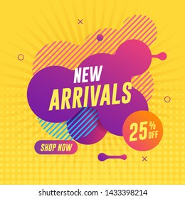 New arrivals sale banner on yellow background. Abstract liquid banner