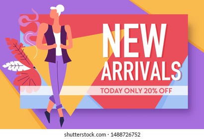 New arrivals, sale at shop banner, discount or special offer vector. Girl in fashion clothes, goods arriving soon to store or boutique. Shopping and price reduction, female customer or shopper