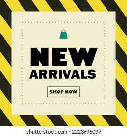 New Arrivals Sale Shop Now sign over art black and yellow background illustration