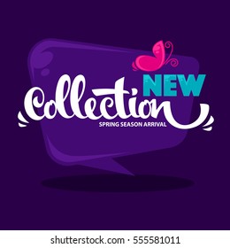 New arrivals,  spring collection, vector bright banner template, with butterfly image and lettering composition