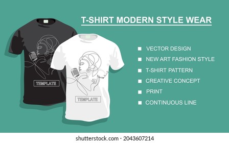 New art fashion style print, creative concept, t-shirt pattern Young African woman singing in a retro microphone and smoking. continuous line drawing. Your photo.