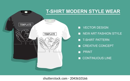 New art fashion style print, creative concept, t-shirt pattern hands hold round earth. Globe icon silhouette for world protect concept. continuous line drawing. Your photo.