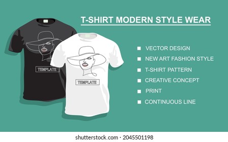 New art fashion style print, creative concept, t-shirt pattern Woman in hat Template Design continuous line drawing. Your photo.