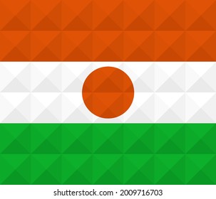 Nuevo vector artístico de la bandera de Níger. formado desde triángulos a cuadrados con diferentes colores contrastantes que ilustran un efecto 3d. Proporción 6:7