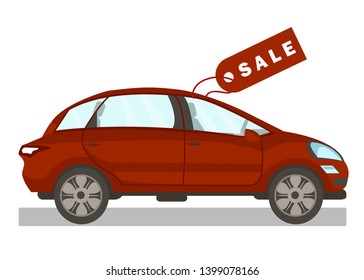 New Automobile for Sale Flat Vector Illustration. Red Hatchback with Big Label, Empty Minivan Side View. Car Rent Business. Family Transportation, Coupe. Vehicle Showroom, Dealership Service