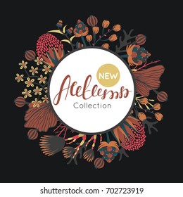 New autumn collection. Fall. Floral round frame. Hand drawn flowers around circle. It can be used for card, invitation, flyer, banner, advertising, signboard . Vector illustration, eps10