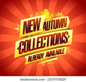 New autumn collections already available vector web banner template with golden ribbons and autumn maple leaves