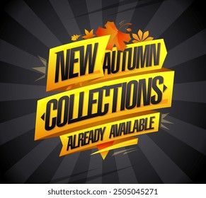 New autumn collections already available banner template with golden ribbons and maple autumn leaves