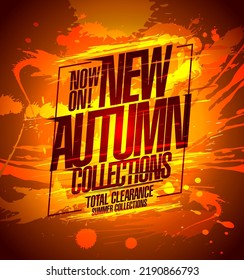 New autumn collections now on, vector web banner or flyer design with hot splash blots on a dark red backdrop