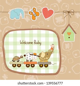 new baby announcement card with animal's train