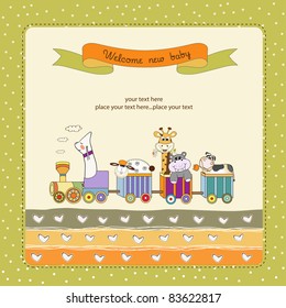 new baby announcement card with animal's train