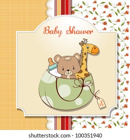 new baby announcement card with bag and same toys