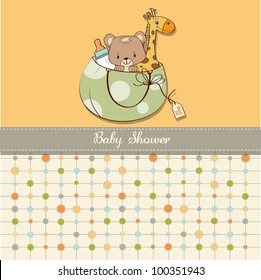 new baby announcement card with bag and same toys