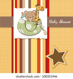 new baby announcement card with bag and same toys