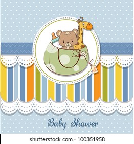 new baby announcement card with bag and same toys