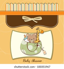 new baby announcement card with bag and same toys