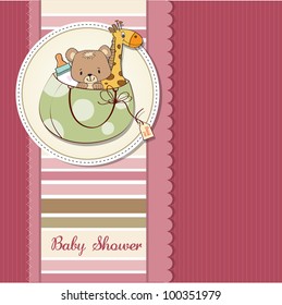 new baby announcement card with bag and same toys