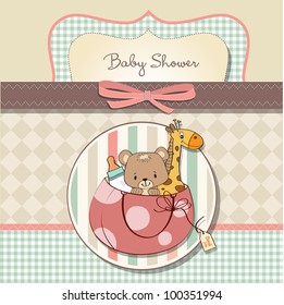 new baby announcement card with bag and same toys