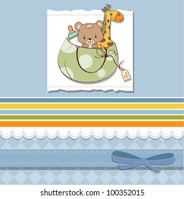 new baby announcement card with bag and same toys