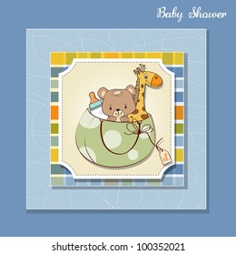 new baby announcement card with bag and same toys