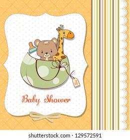 new baby announcement card with bag and same toys