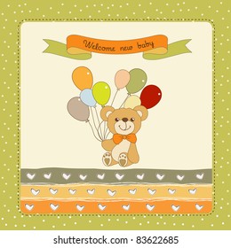 new baby announcement card with teddy bear and balloons