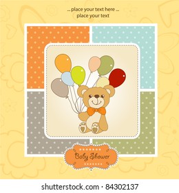 new baby announcement card with teddy bear and balloons