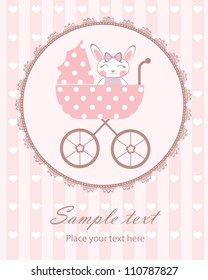 New Baby Arrival Announcement Card With Baby Bunny Girl In Pram