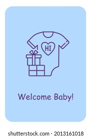 New baby arrival celebration in family postcard with linear glyph icon. Greeting card with decorative vector design. Simple style poster with creative lineart illustration. Flyer with holiday wish