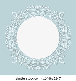 New baby born card. Vector circle lace frame. Blue and white elegance template.
