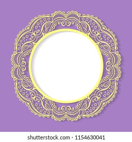 New baby born card. Vector circle lace frame. Purple, white and yellow elegance template.