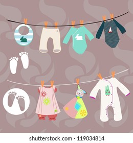 New baby boy and girl set for baby shower on flower seamless pattern background