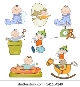 new baby boy items set isolated on white background, vector illustration